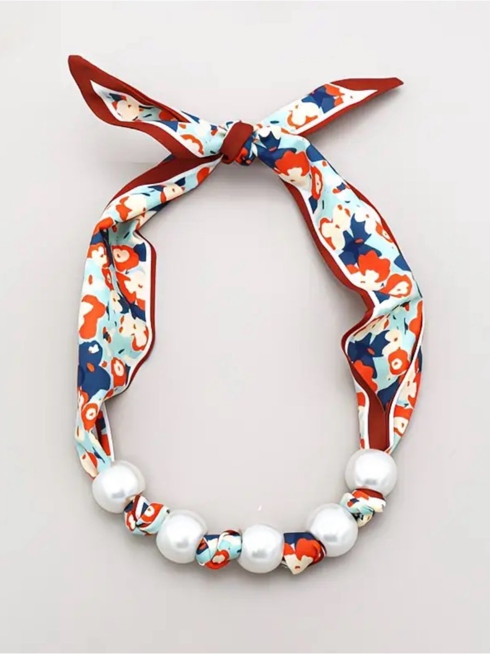 Brown & Multicolored Floral Scarf Necklace w/ Pearls-Orange, Dark & Light Blue